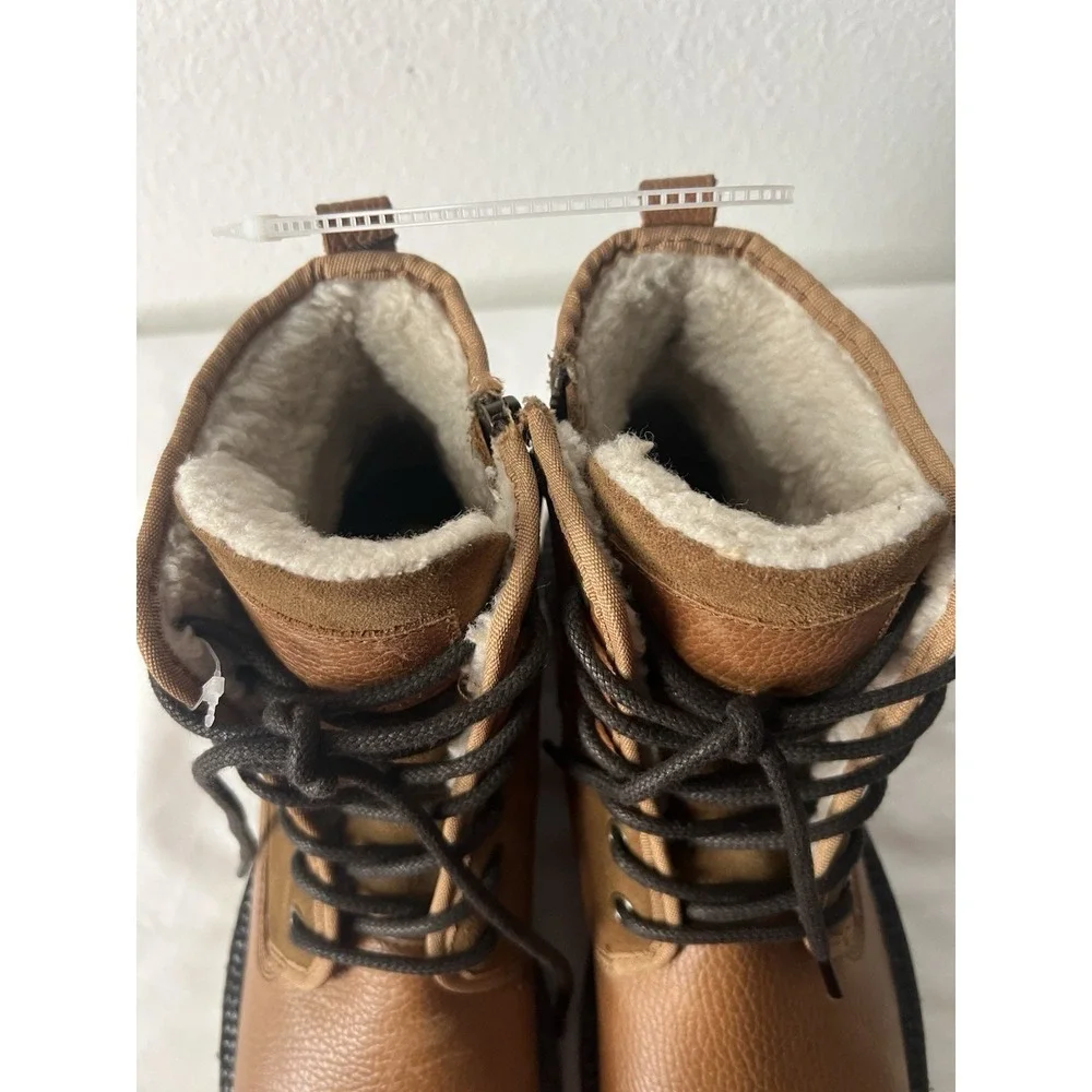 Crevo Tan Leather Faux Fur Lined Lace-Up Boots Zipper Accents Men's 8.5